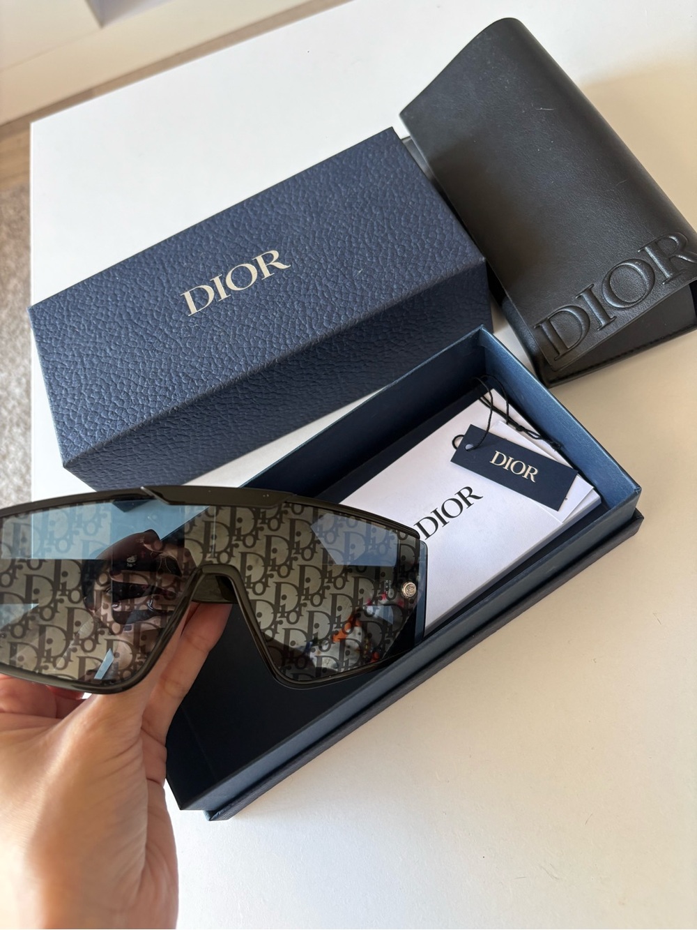 Dior Black Shield Sunglasses with Blue Gradient Logo Lens